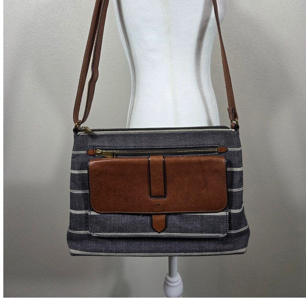 Fossil Kinley Large Brown Leather Gray & White Canvas Elevated Crossbody Purse